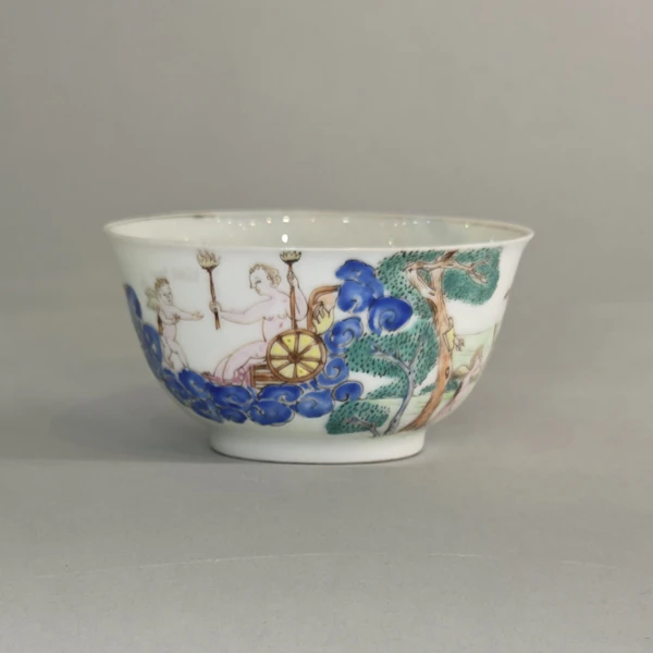 Group of two famille rose teabowls and a saucer c. 1740, all paited with scenes based on painting by Francesco Albani - image 4