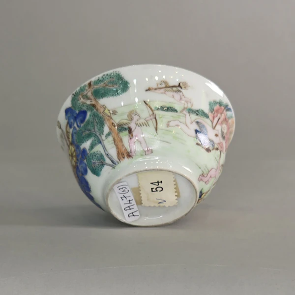 Group of two famille rose teabowls and a saucer c. 1740, all paited with scenes based on painting by Francesco Albani - image 5