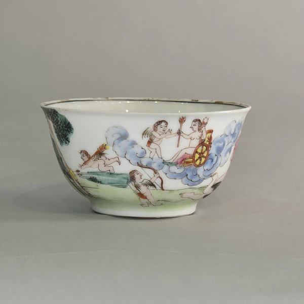 Group of two famille rose teabowls and a saucer c. 1740, all paited with scenes based on painting by Francesco Albani - image 1