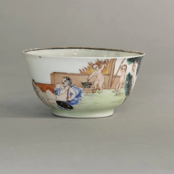 Group of two famille rose teabowls and a saucer c. 1740, all paited with scenes based on painting by Francesco Albani - image 6