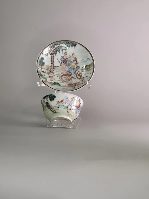 Group of two famille rose teabowls and a saucer c. 1740, all paited with scenes based on painting by Francesco Albani - image 12