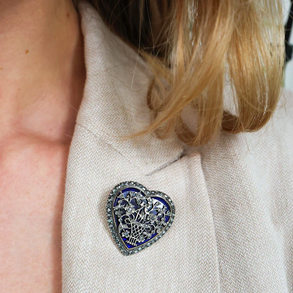 Georgian Bristol Cobalt Blue Glass, Rose Diamond, Silver and Gold Heart Brooch, Circa 1820 - image 7