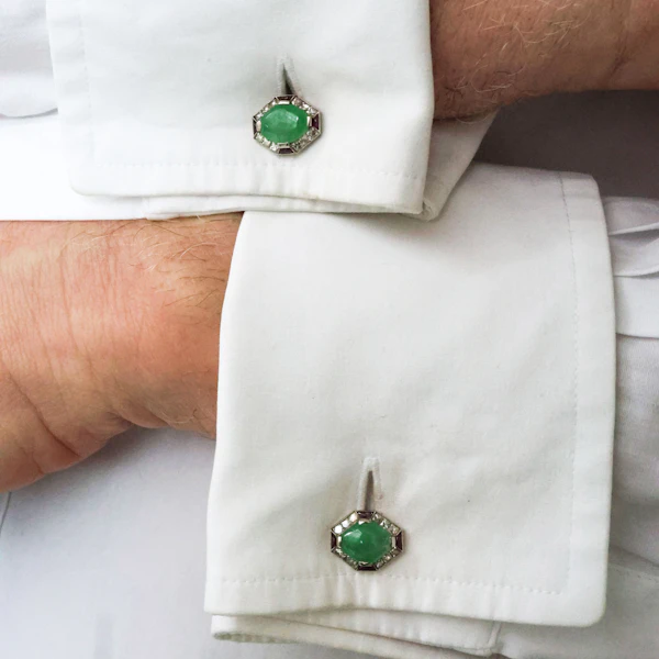 Art Deco Jade, Ruby and Diamond and Platinum Cufflinks, Circa 1920 - image 4