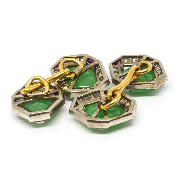 Art Deco Jade, Ruby and Diamond and Platinum Cufflinks, Circa 1920 - image 6