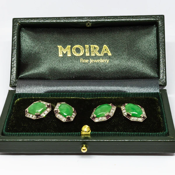 Art Deco Jade, Ruby and Diamond and Platinum Cufflinks, Circa 1920 - image 8