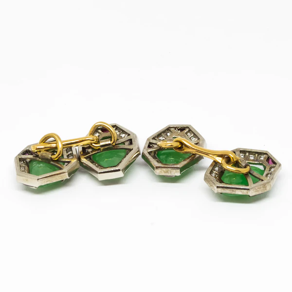 Art Deco Jade, Ruby and Diamond and Platinum Cufflinks, Circa 1920 - image 7