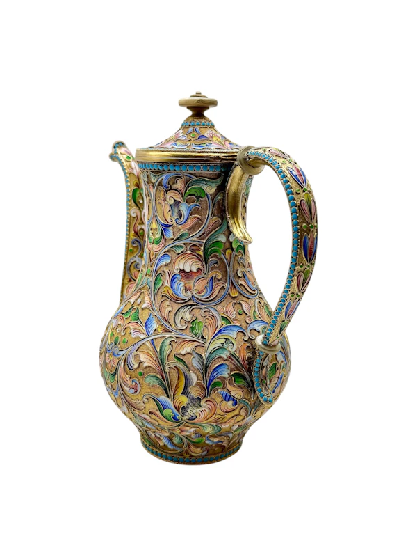 Russian silver gilt and shaded and cloisonné enamel 3 piece coffee set, Moscow, c.1910 by Maria Semenova. - image 6