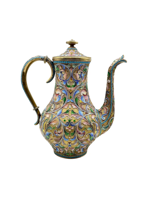 Russian silver gilt and shaded and cloisonné enamel 3 piece coffee set, Moscow, c.1910 by Maria Semenova. - image 2