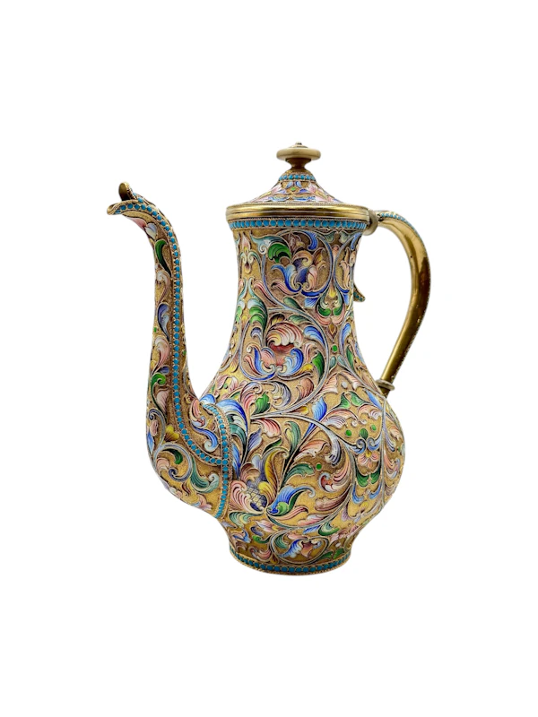 Russian silver gilt and shaded and cloisonné enamel 3 piece coffee set, Moscow, c.1910 by Maria Semenova. - image 8