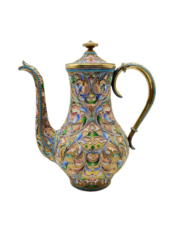 Russian silver gilt and shaded and cloisonné enamel 3 piece coffee set, Moscow, c.1910 by Maria Semenova. - image 7