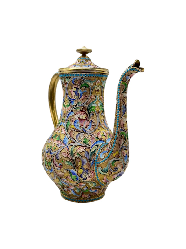 Russian silver gilt and shaded and cloisonné enamel 3 piece coffee set, Moscow, c.1910 by Maria Semenova. - image 3