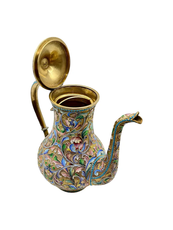 Russian silver gilt and shaded and cloisonné enamel 3 piece coffee set, Moscow, c.1910 by Maria Semenova. - image 4