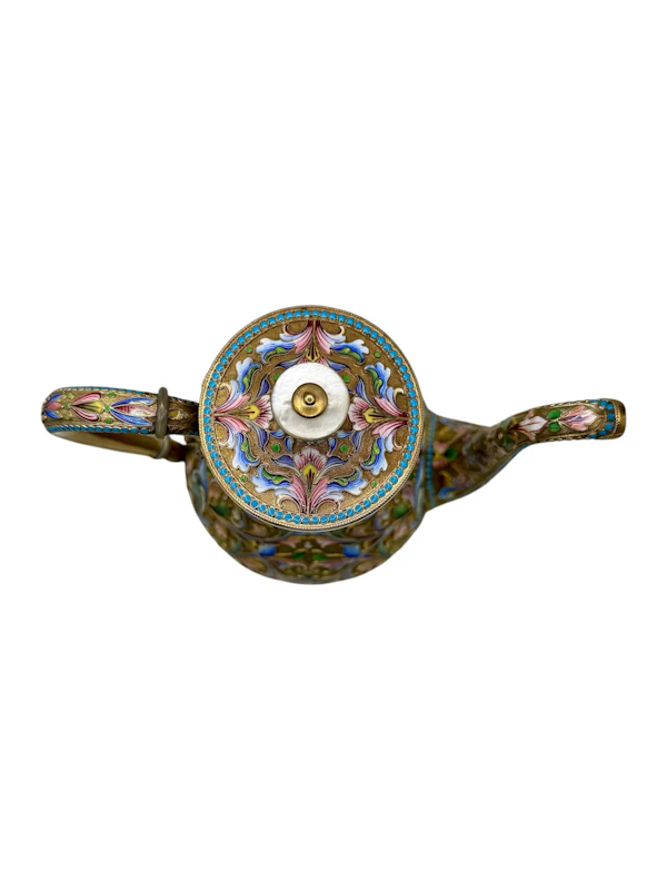 Russian silver gilt and shaded and cloisonné enamel 3 piece coffee set, Moscow, c.1910 by Maria Semenova. - image 5