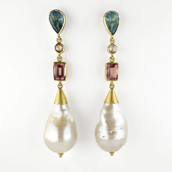 Multi-Gemstone & Baroque Pearl Drop Earrings - Saddingtons Jewellery Stand 375 - image 1
