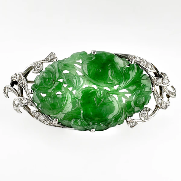 Vintage Jade & Diamond Brooch - Saddingtons Jewellery Stand 375 - image 1