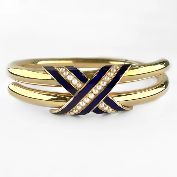 Victorian Gold Enamel & Pearl Bangle - Saddingtons Jewellery Stand 375 - image 1