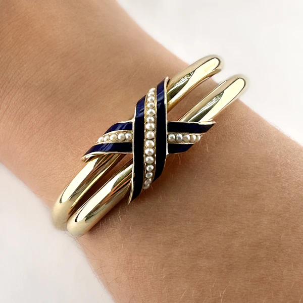 Victorian Gold Enamel & Pearl Bangle - Saddingtons Jewellery Stand 375 - image 3