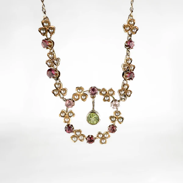 Edwardian Peridot Tourmaline & Pearl Festoon Necklace - Saddingtons Jewellery Stand 375 - image 2