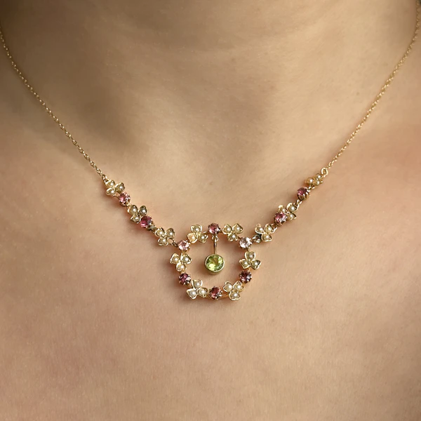 Edwardian Peridot Tourmaline & Pearl Festoon Necklace - Saddingtons Jewellery Stand 375 - image 1