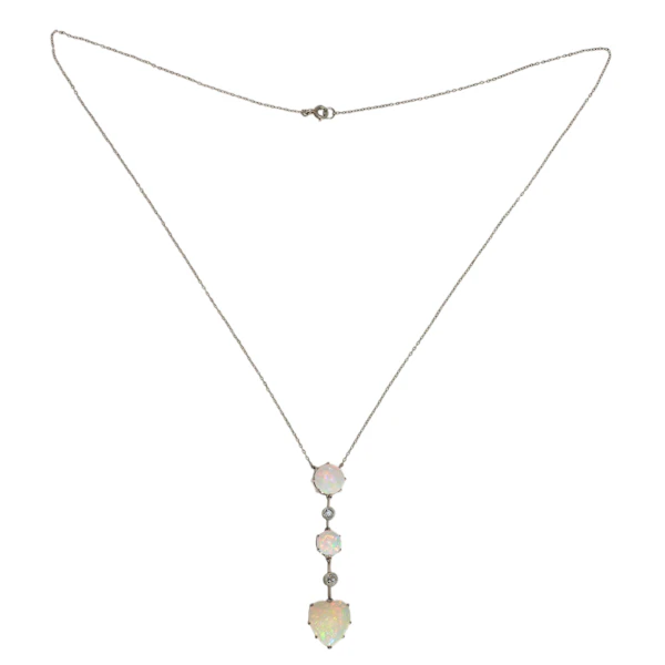Edwardian Opal & Old Cut Diamond Drop Necklace in Platinum, c.1905 - image 2