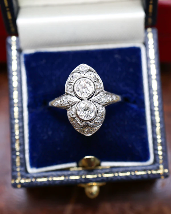 Platinum Art Deco Double Diamond Boat Shaped Ring Circa 1930 - image 1