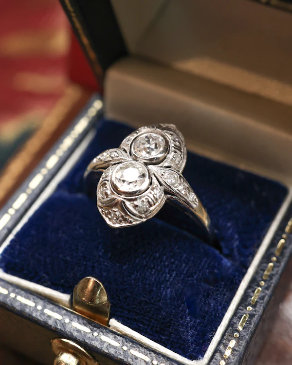 Platinum Art Deco Double Diamond Boat Shaped Ring Circa 1930 - image 2