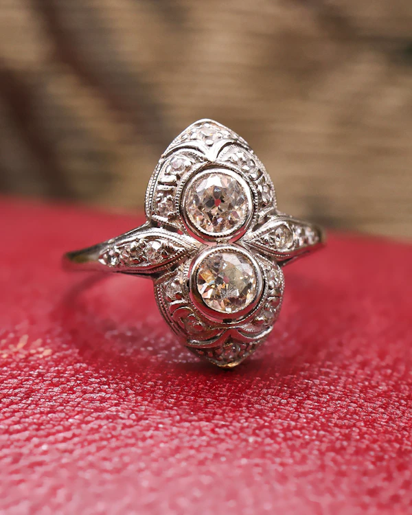 Platinum Art Deco Double Diamond Boat Shaped Ring Circa 1930 - image 3