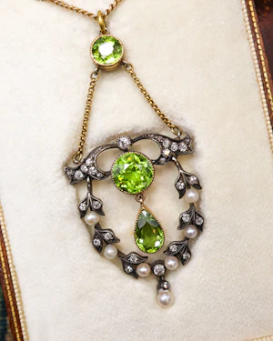 18ct Yellow Gold & Silver (tested), Peridot, Seed Pearl & Diamond Pendant, Circa  1890-1905
