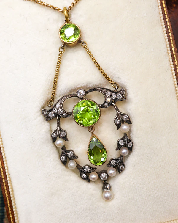18ct Yellow Gold & Silver (tested), Peridot, Seed Pearl & Diamond Pendant, Circa  1890-1905 - image 1