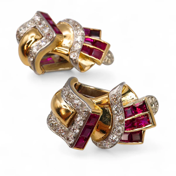 Vintage Burma Ruby Diamond and Gold Earrings, Circa 1940 - image 3