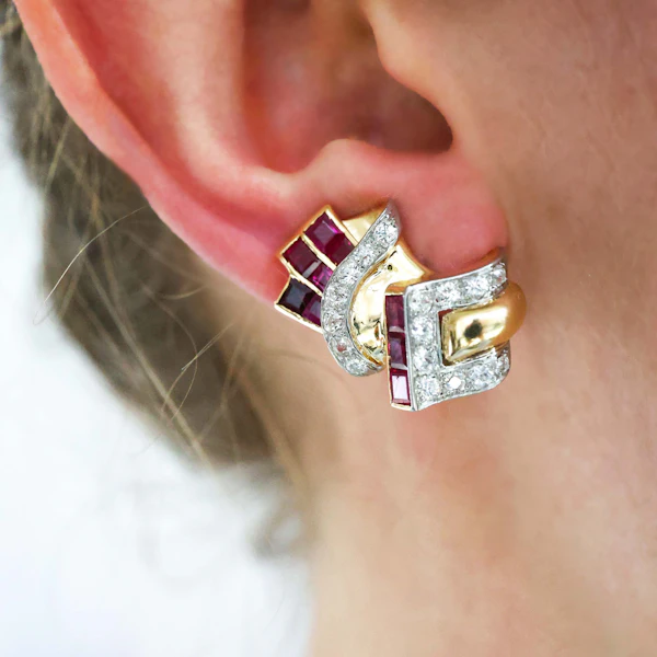 Vintage Burma Ruby Diamond and Gold Earrings, Circa 1940 - image 4