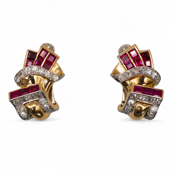 Vintage Burma Ruby Diamond and Gold Earrings, Circa 1940 - image 7
