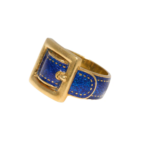 French 18ct Gold & Blue Guilloché Enamel Buckle Ring, c.1960 - image 2