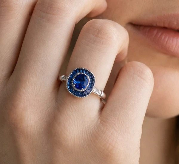 Ceylon Sapphire & Diamond Halo Ring in Platinum - image 2
