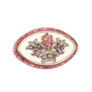 Victorian Ruby, Diamond & White Enamel Giardinetti Brooch c.1880