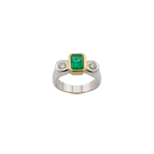 Two Tone Emerald and Diamond Rubover Trilogy Ring Spectrum Antiques
