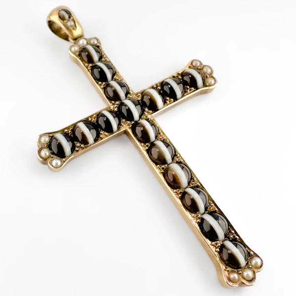 Victorian Banded Agate & Pearl Cross Pendant - Saddingtons Jewellery Stand 375 - image 1