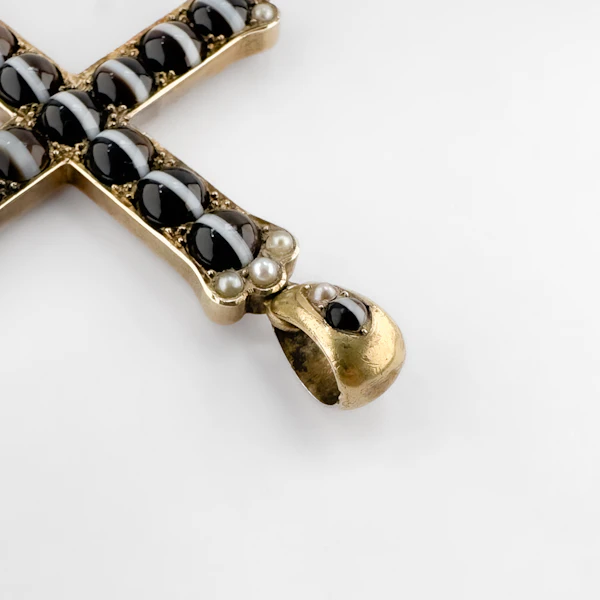 Victorian Banded Agate & Pearl Cross Pendant - Saddingtons Jewellery Stand 375 - image 2