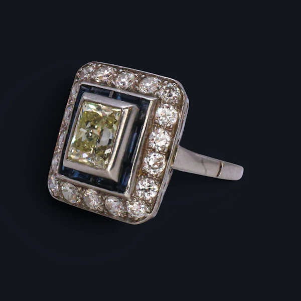 Art Deco Platinum, Diamond, and Sapphire Target Ring - image 4