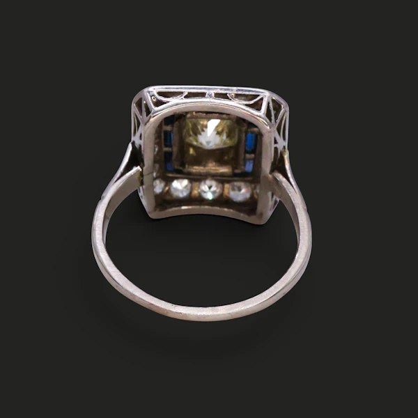 Art Deco Platinum, Diamond, and Sapphire Target Ring - image 3