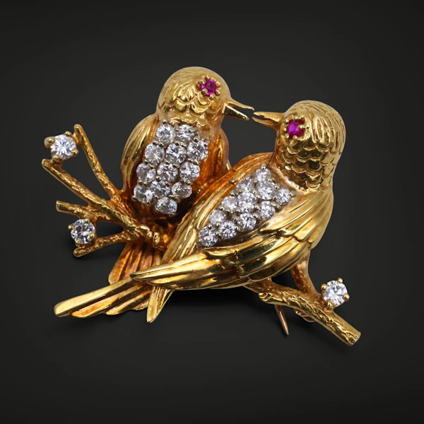 Vintage Herbert Rosenthal 18k Gold, Diamond, and Ruby "Lovebirds" Brooch - image 3