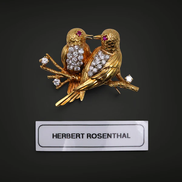 Vintage Herbert Rosenthal 18k Gold, Diamond, and Ruby "Lovebirds" Brooch - image 2