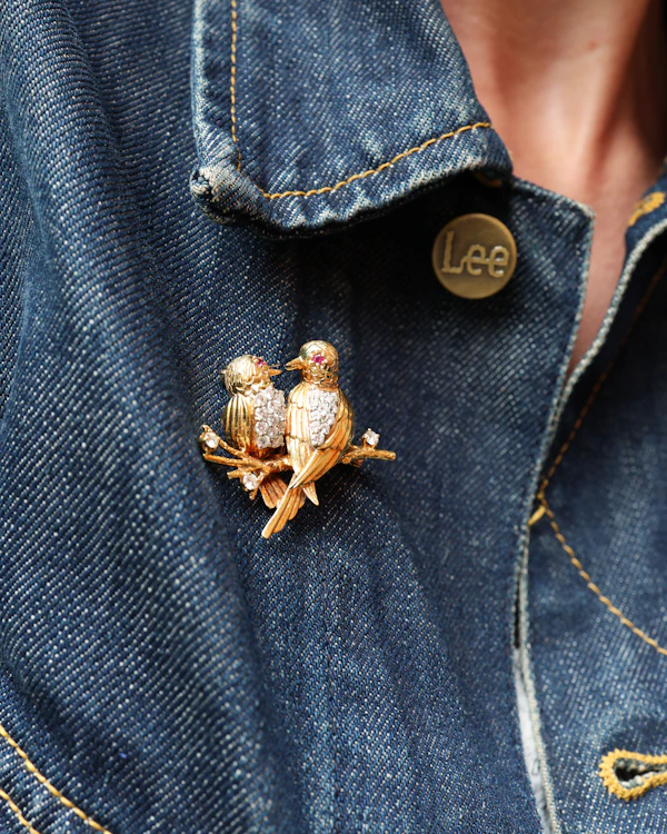 Vintage Herbert Rosenthal 18k Gold, Diamond, and Ruby "Lovebirds" Brooch - image 1