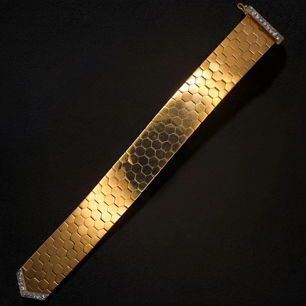 Vintage Mappin & Webb 'Rio' 18k Yellow Gold & Diamond Honeycomb Bracelet - image 4