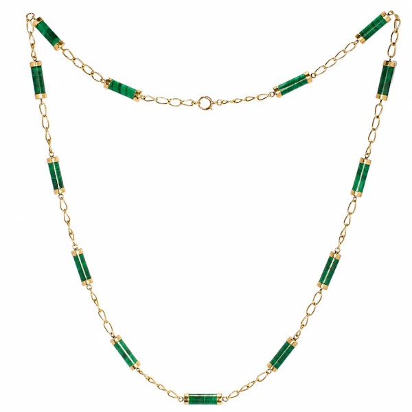 Vintage 14ct Gold & Malachite Chain Necklace (72cm), c.1960s - image 2