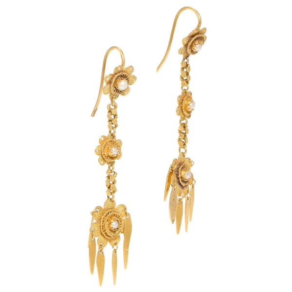 Antique Victorian 18ct Gold Etruscan Revival Pearl Earrings, c.1880s - image 2