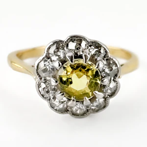 Edwardian Yellow Sapphire & Diamond Cluster Ring - Saddingtons Jewellery Stand 375