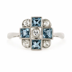 Vintage 18ct Gold & Platinum Aquamarine Chequerboard Ring, c.1950s