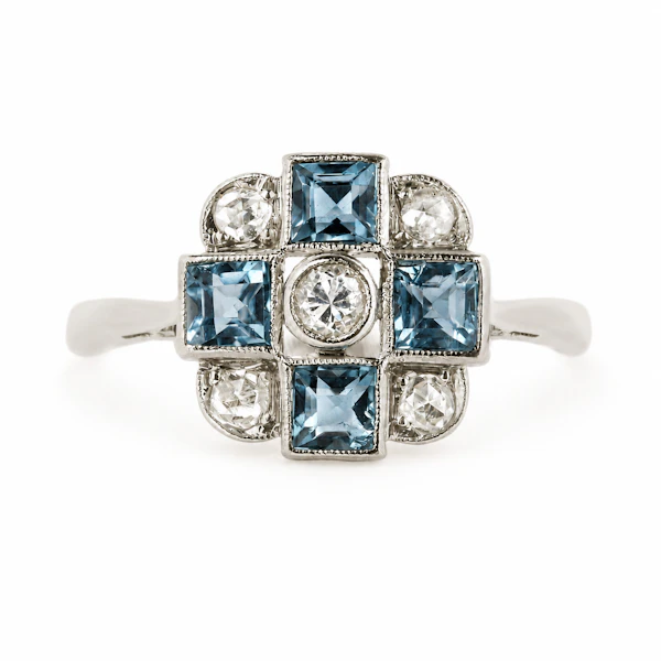 Vintage 18ct Gold & Platinum Aquamarine Chequerboard Ring, c.1950s - image 1
