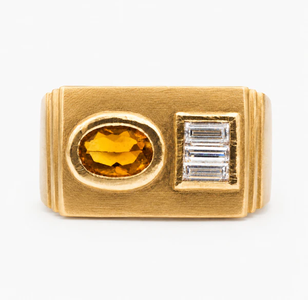 Vintage Italian 22ct Gold Citrine Lens & Diamond Flash Camera Ring c.1960s - image 2